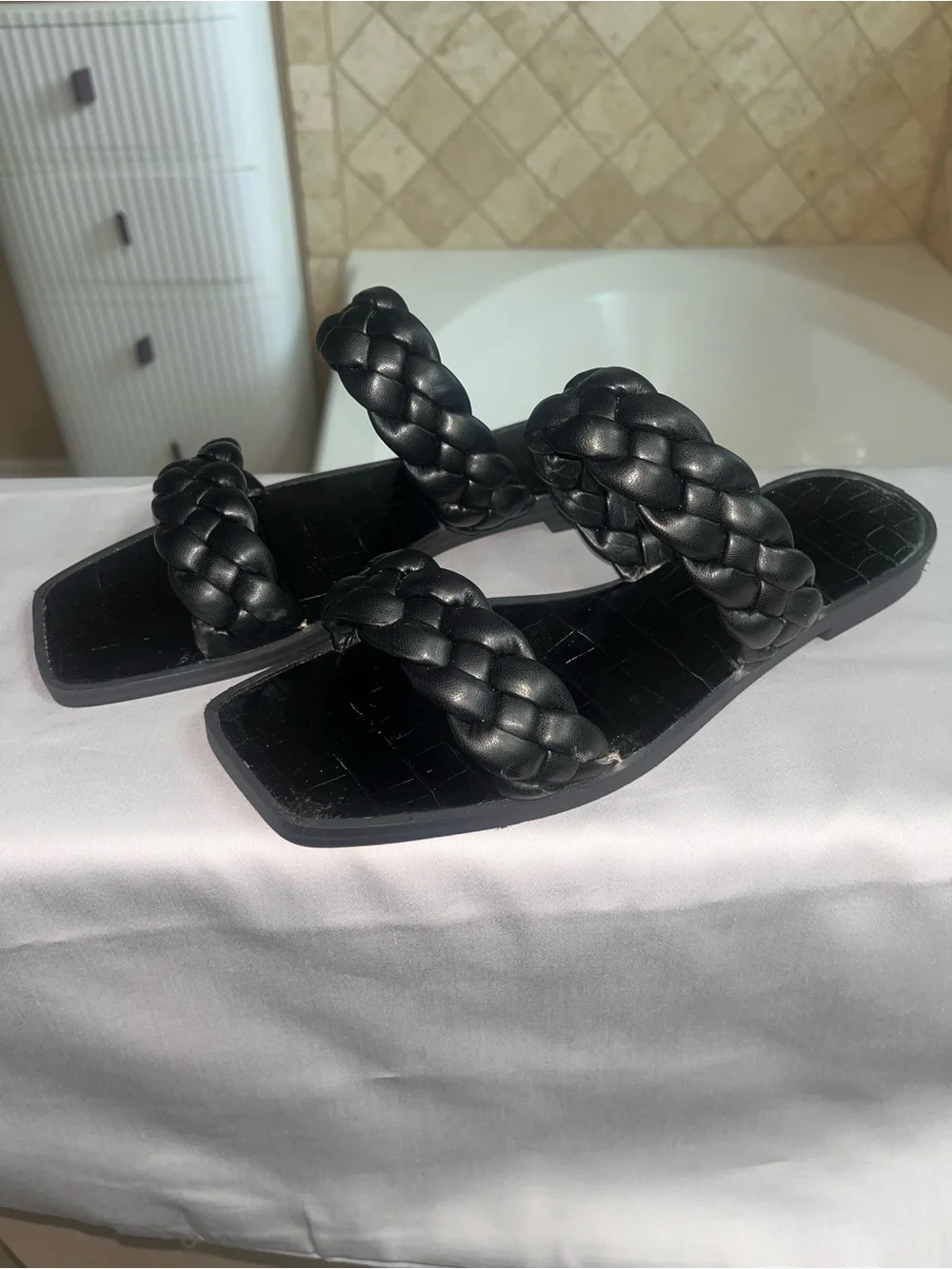 Braided Double-Strap Black Slide Sandals